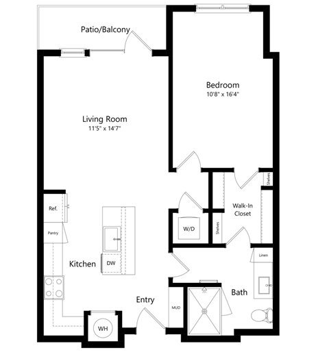 Floor plan for 1 bed, 1 bath, 802 sqft